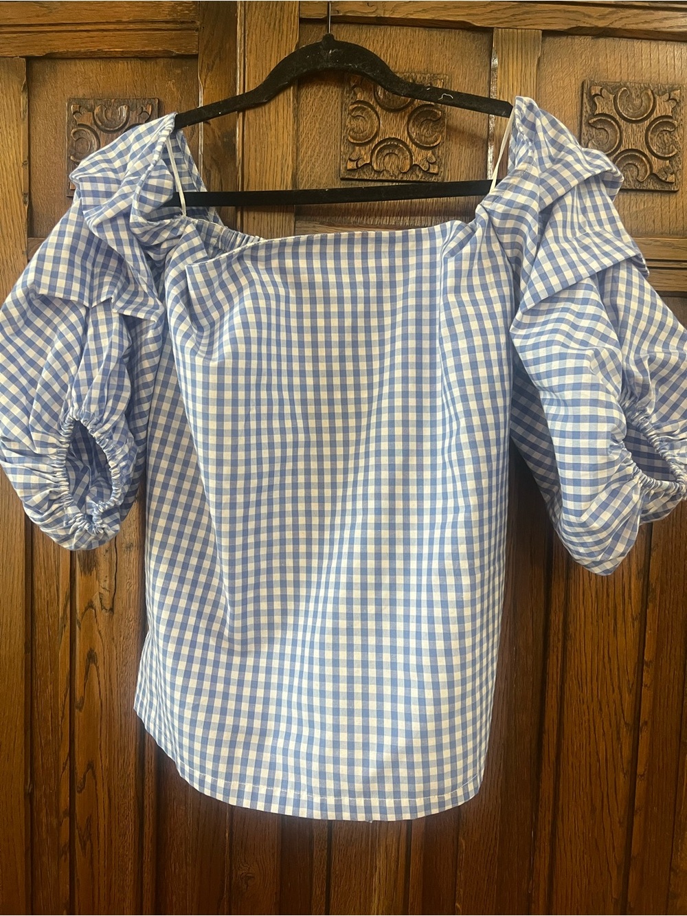 MLM Label • Women’s Sz Large • Blue Gingham Off-Shoulder Puff Sleeve Top